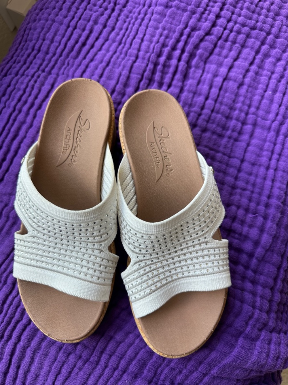 Skechers White Knit bejeweled Slip-On Wedge Mules